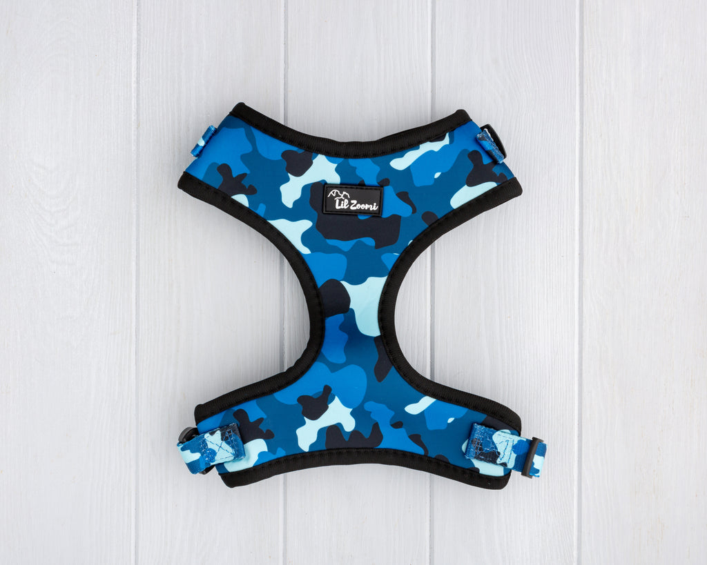 Blue cammo print dog and cat adjustable harness front