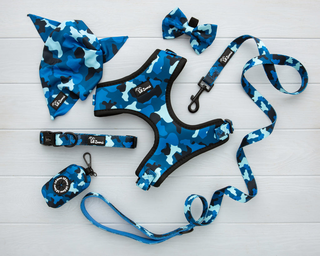 Blue cammo print dog and cat pet accessories harness, lead, collar, bow-tie, bandana and poop-bag holder bundle
