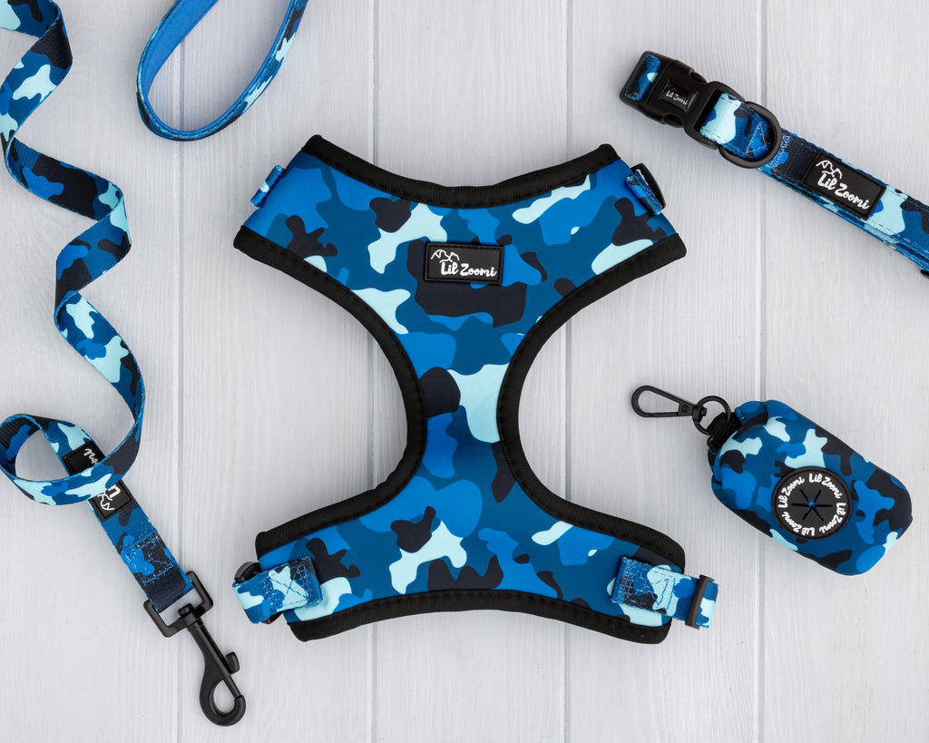 Blue cammo print dog and cat pet accessories walking bundle