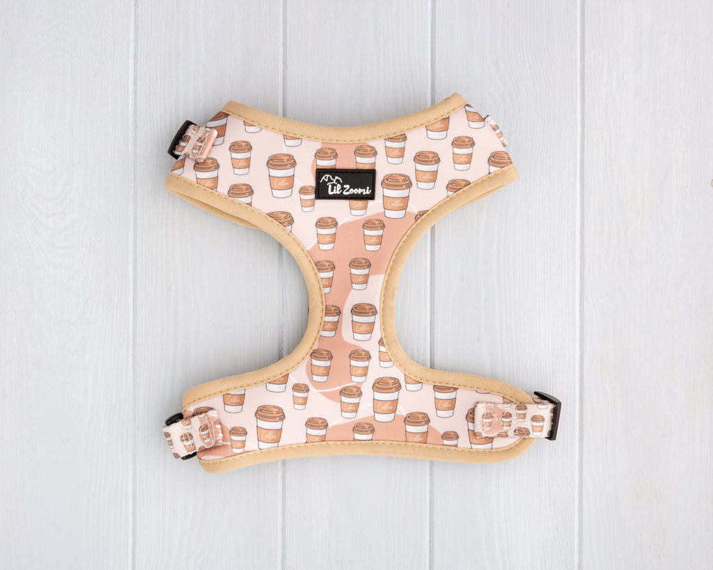 Pawfee coffee latte print dog and cat adjustable harness front