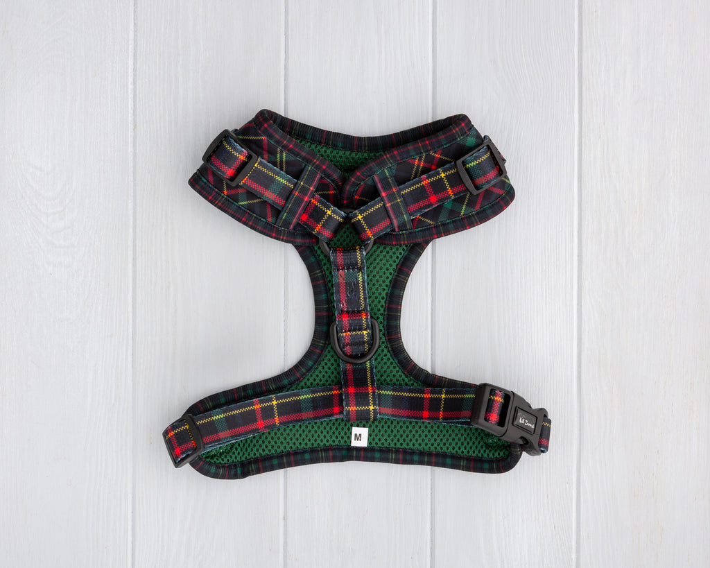 Tartan green and red print dog and cat adjustable harness back