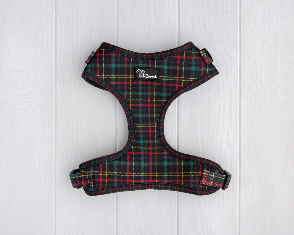Tartan green and red print dog and cat adjustable harness front