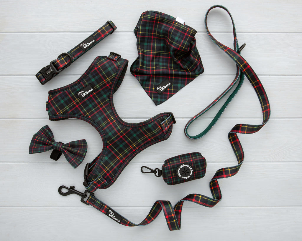 Tartan green and red print theme dog and cat pet accessories harness, lead, collar, bow-tie, bandana and poop-bag holder bundle