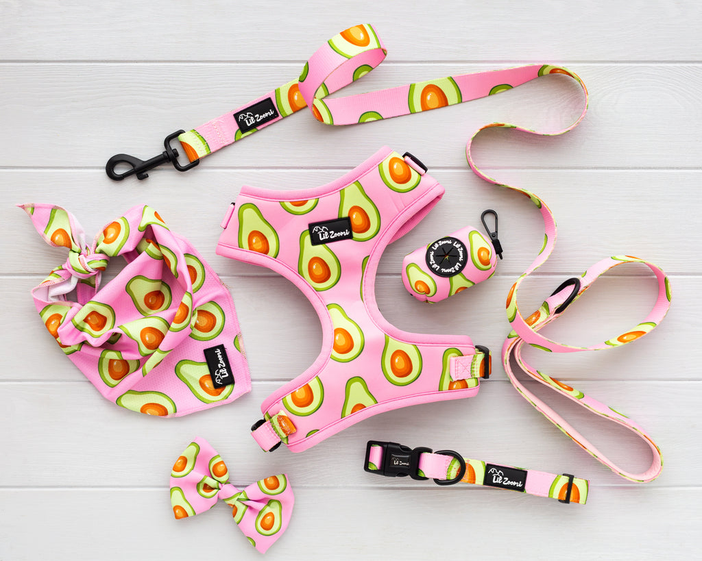 Avocado pink dog and cat pet accessories harness, lead, collar, bow-tie, bandana and poop-bag holder bundle