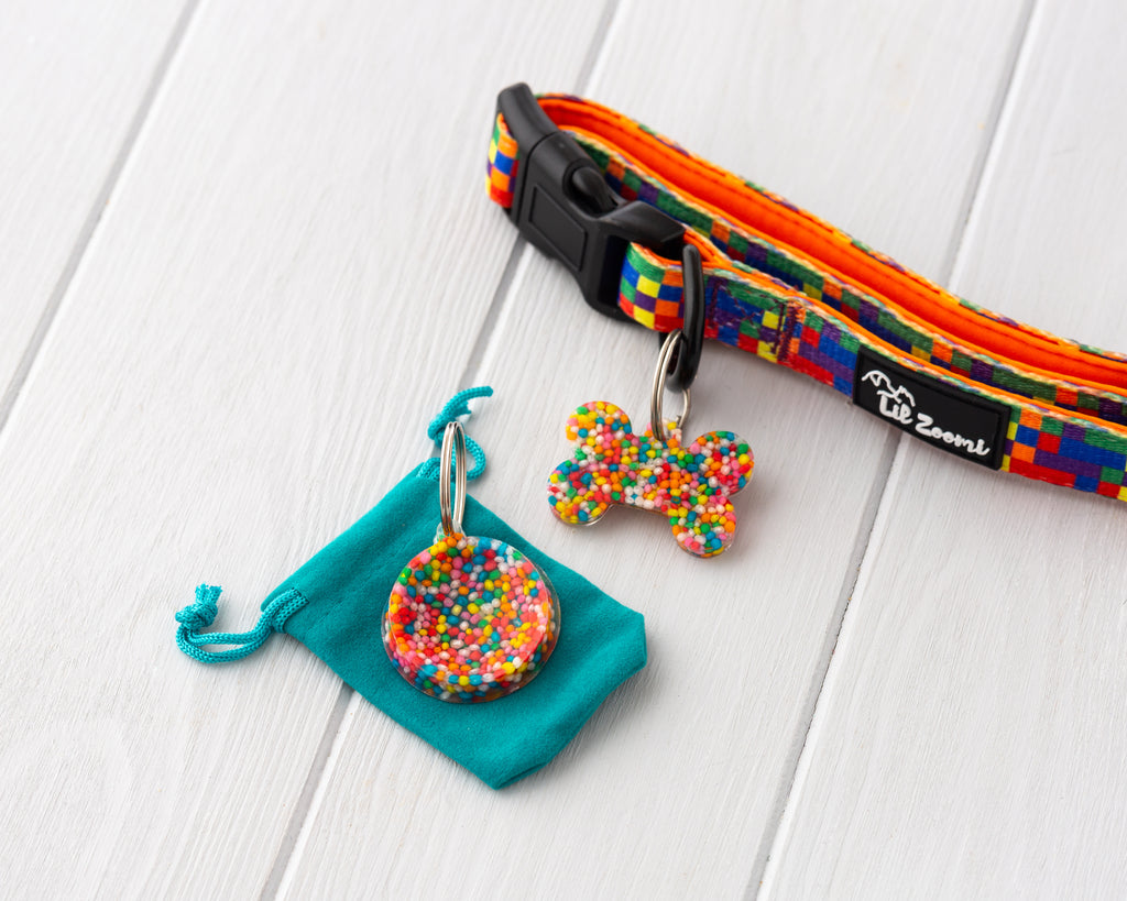 Confetti theme resin dog and cat name tag with collar