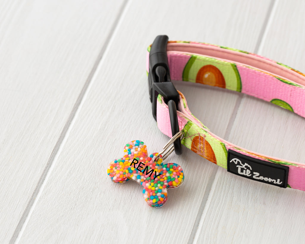 Confetti theme resin dog and cat name tags with collar