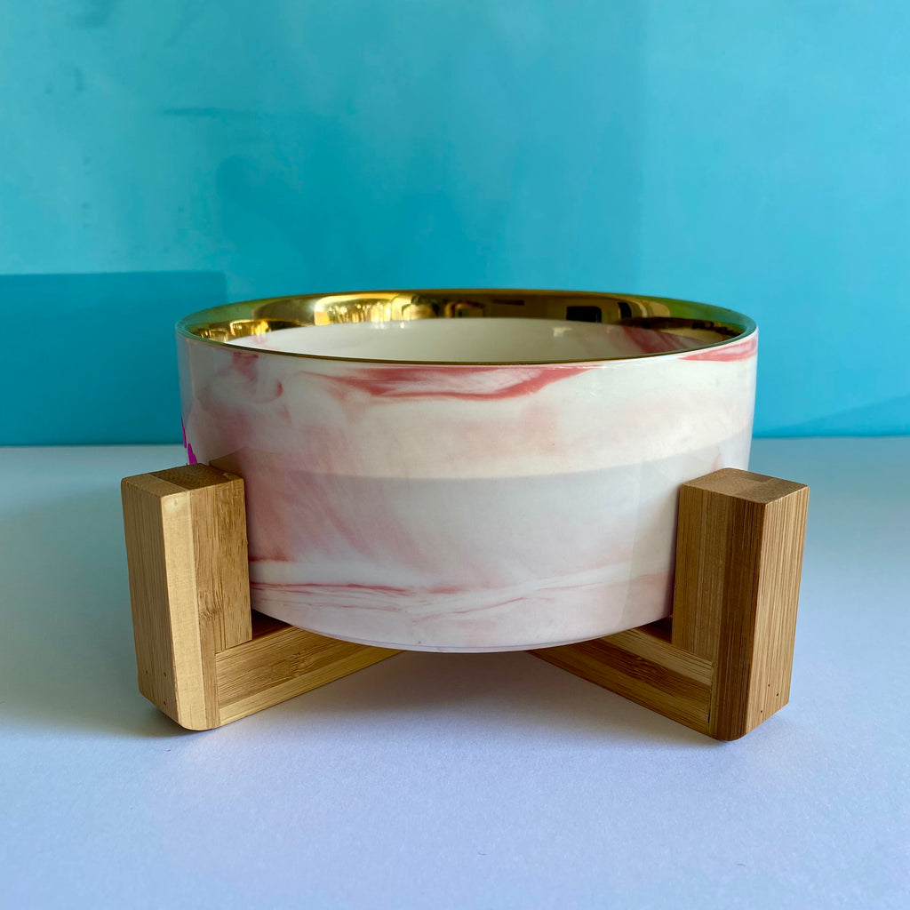 Dog and cat travel food and water bowls marbled pink with gold