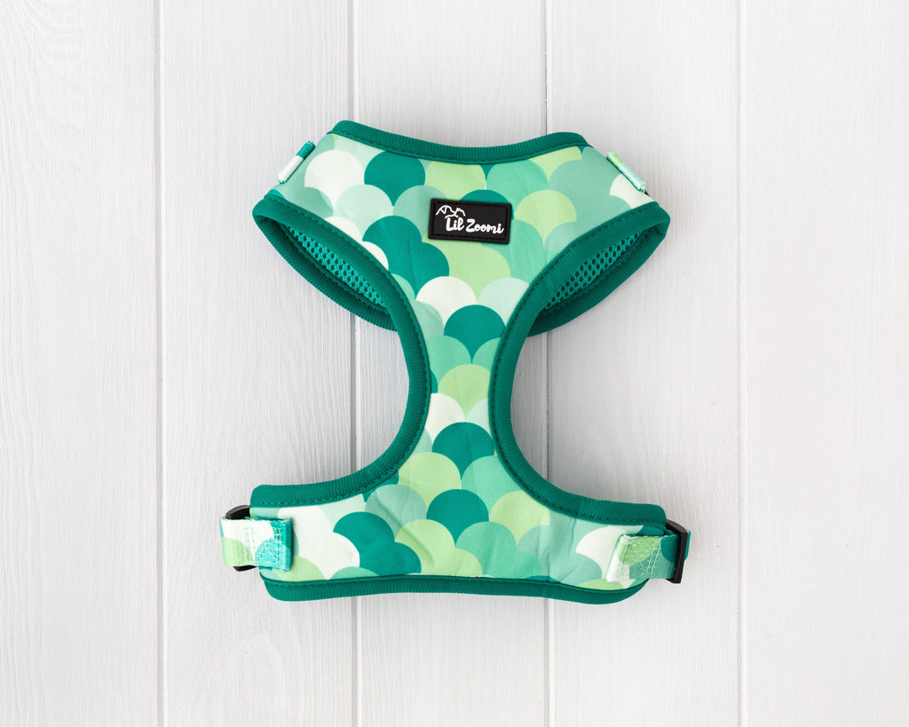 Green scale mermaid print dog and cat adjustable harness front