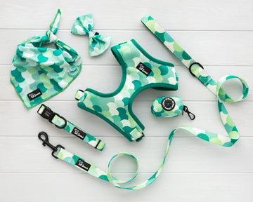 Green scale mermaid print theme dog and cat pet accessories harness, lead, collar, bow-tie, bandana and poop-bag holder bundle