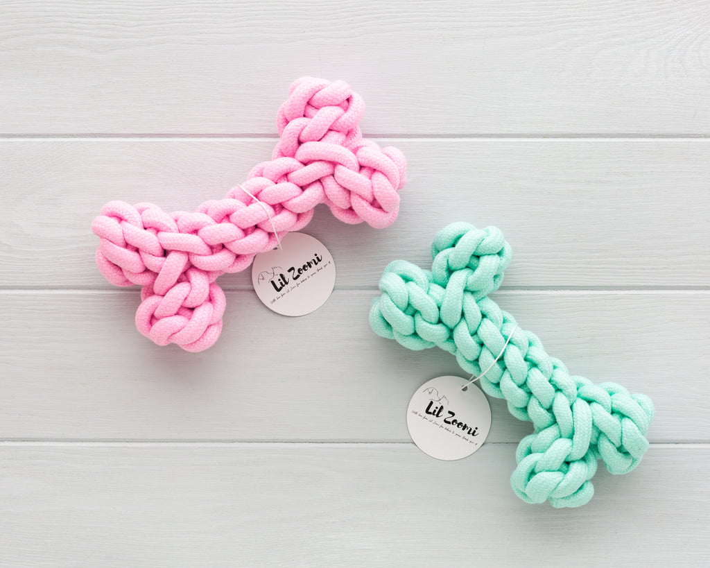 Lil Zoomi dog and cat durable rope bone toy all pink and teal blue