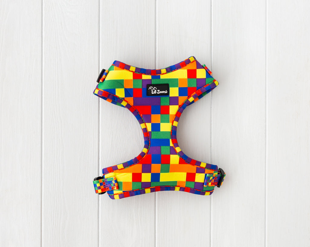 Multi coloured Tetris proud and pawsome theme dog and cat adjustable harness front