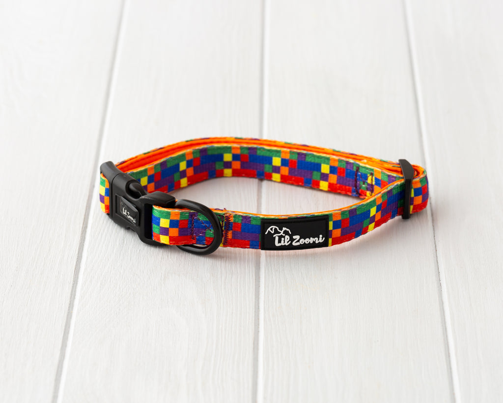 Multi coloured Tetris proud and pawsome theme dog and cat collar 
