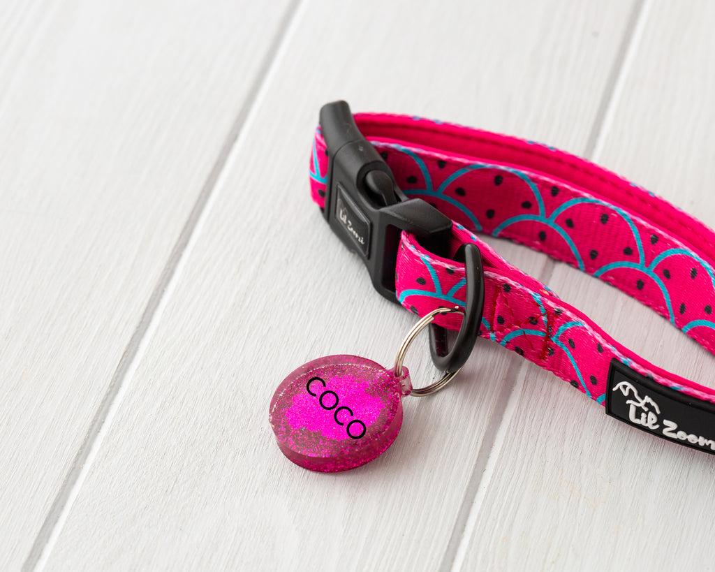 Pink glitter theme resin dog and cat name tags with collar