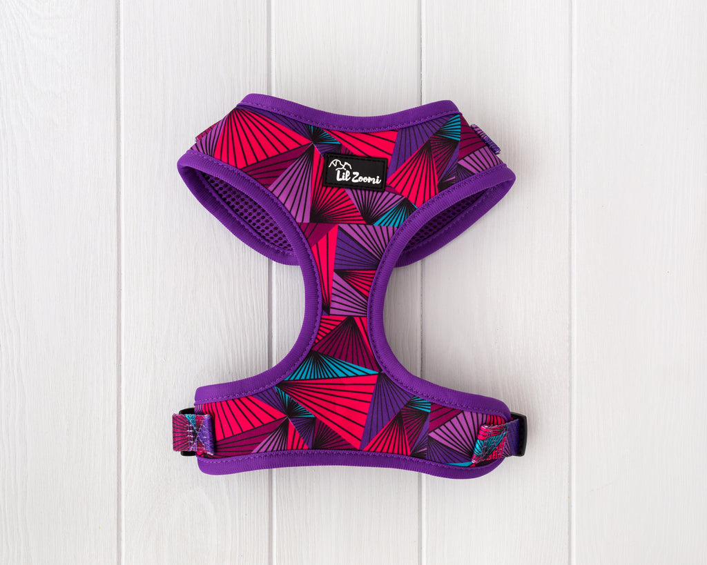 Purple Aztec dog and cat adjustable harness back front
