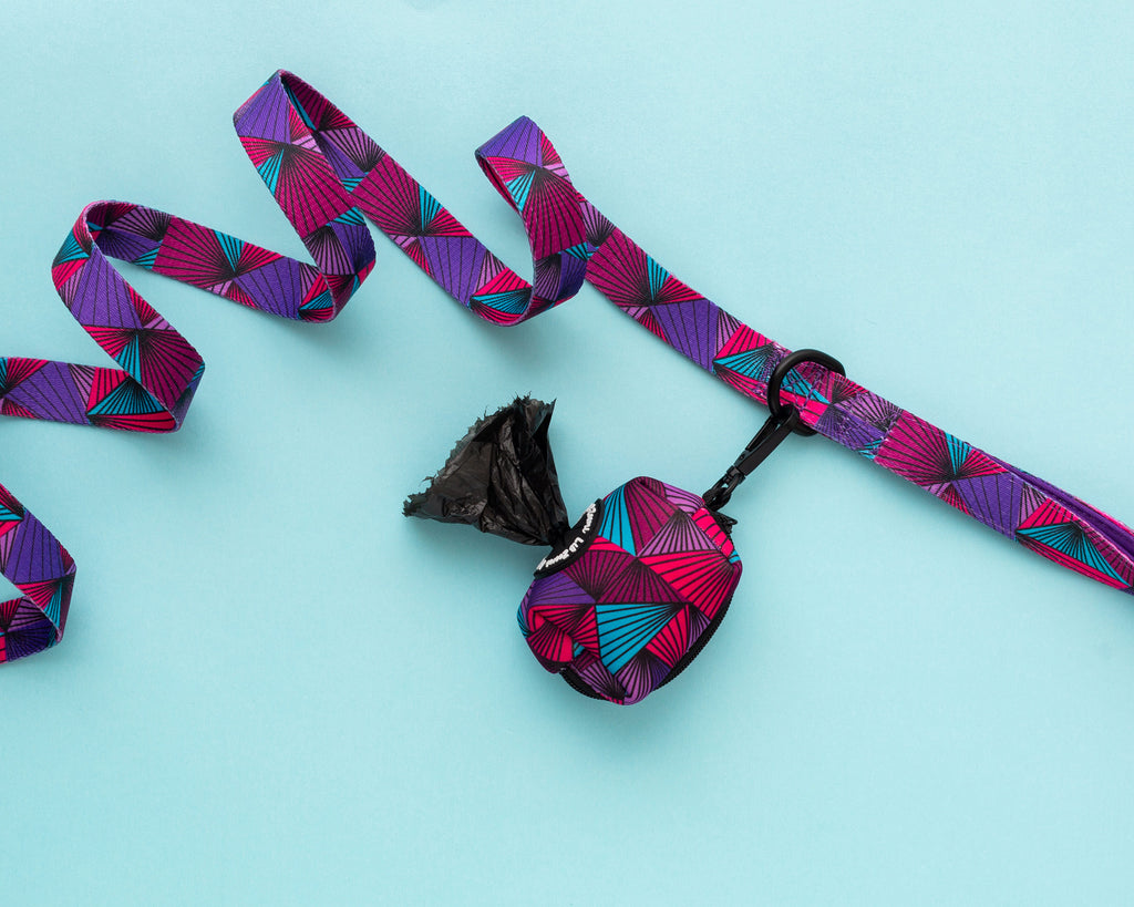 Purple Aztec dog leash and dog poop bag holder