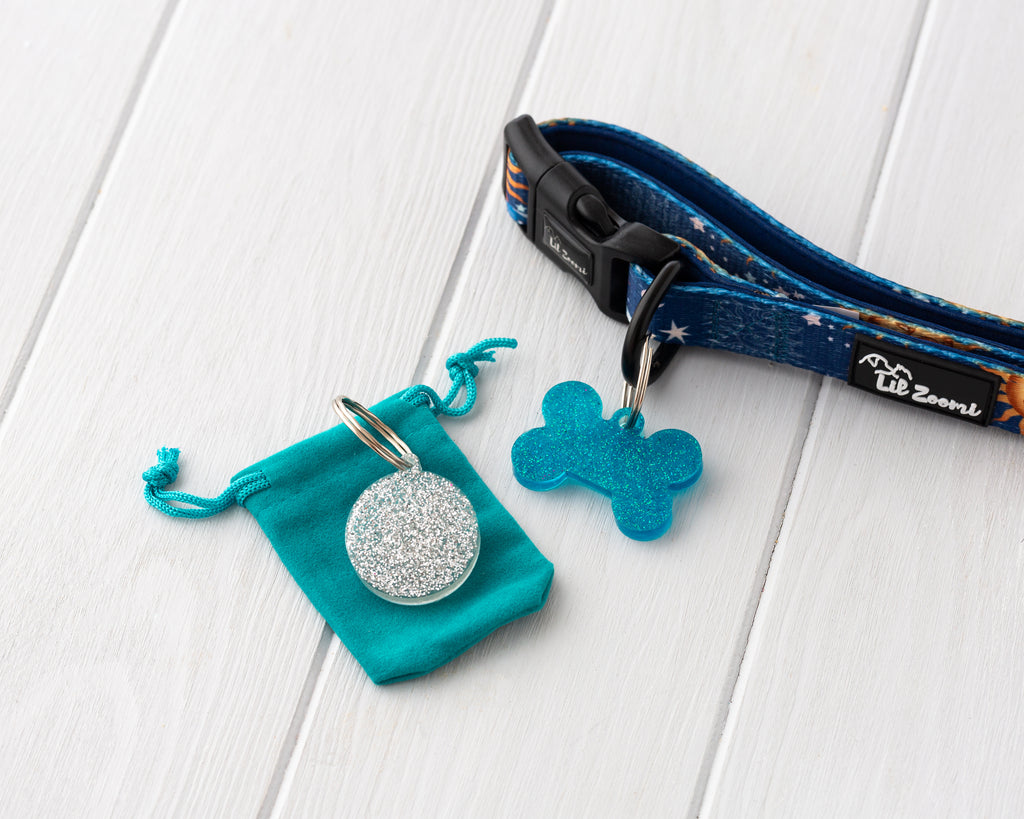 Silver and blue glitter theme resin dog and cat name tags with collar