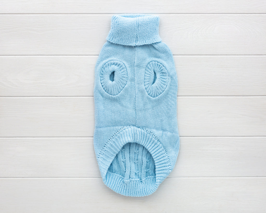 cat and dog blue cable knit sweater back