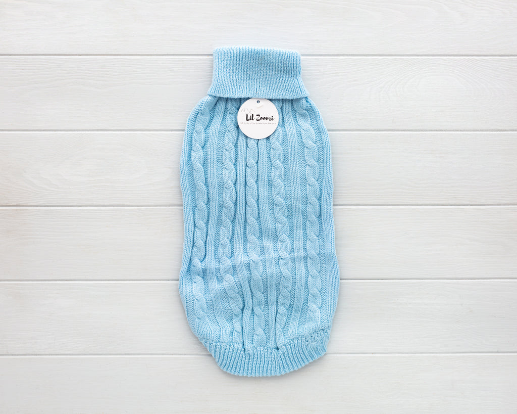 cat and dog blue cable knit sweater front