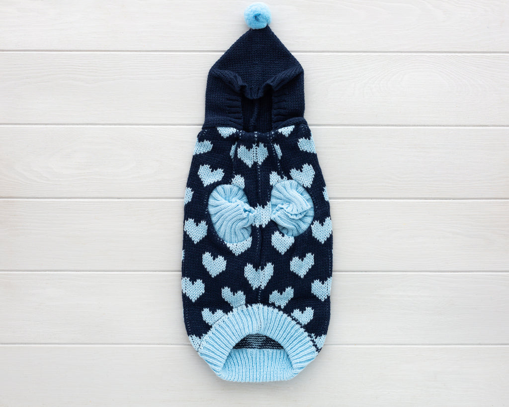cat and dog blue cable knit sweater front I love you - I WUFF WU