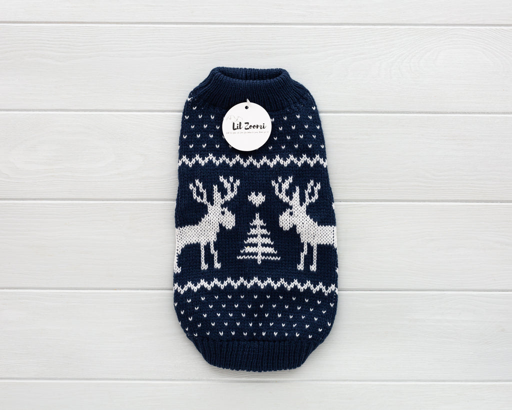 cat and dog blue cable knit sweater front winter