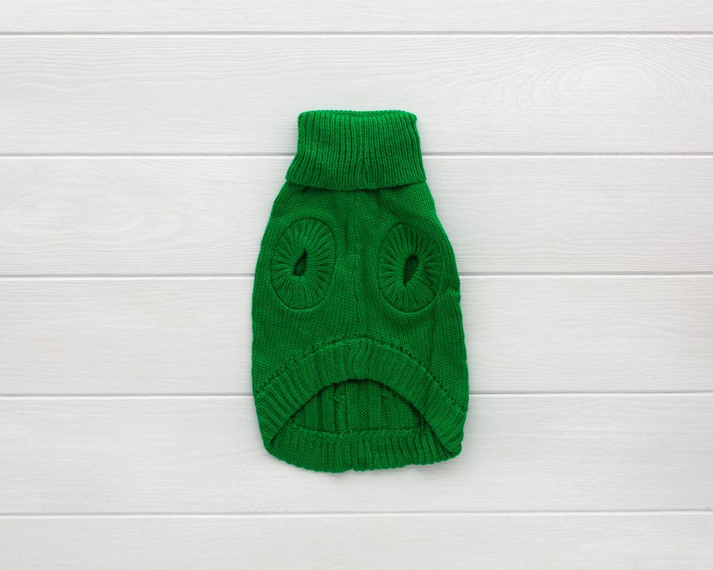 cat and dog green cable knit sweater back