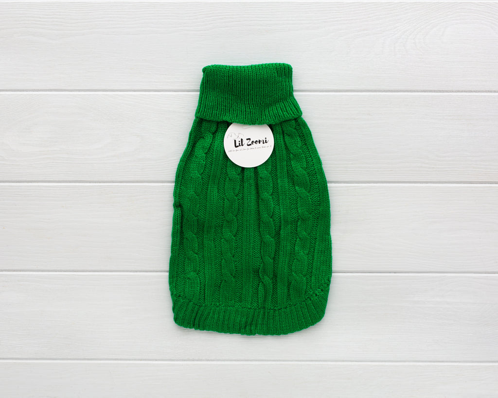 cat and dog green cable knit sweater front