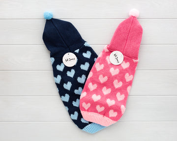 cat and dog light pink and blue cable knit sweater back I love you - I WUFF WU
