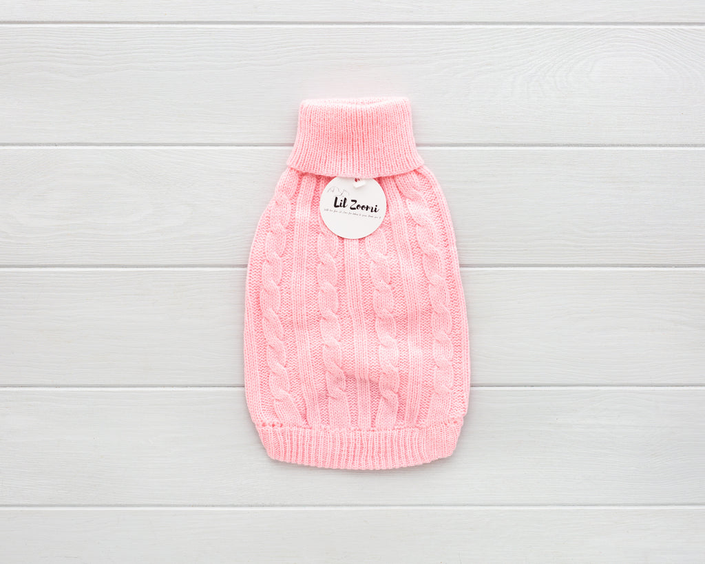 cat and dog light pink cable knit sweater front